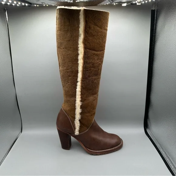 MICHAEL KORS Brown Leather Suede Sherpa Lined Tall Fold Over Heeled Boots Sz 5.5 - Picture 2 of 9